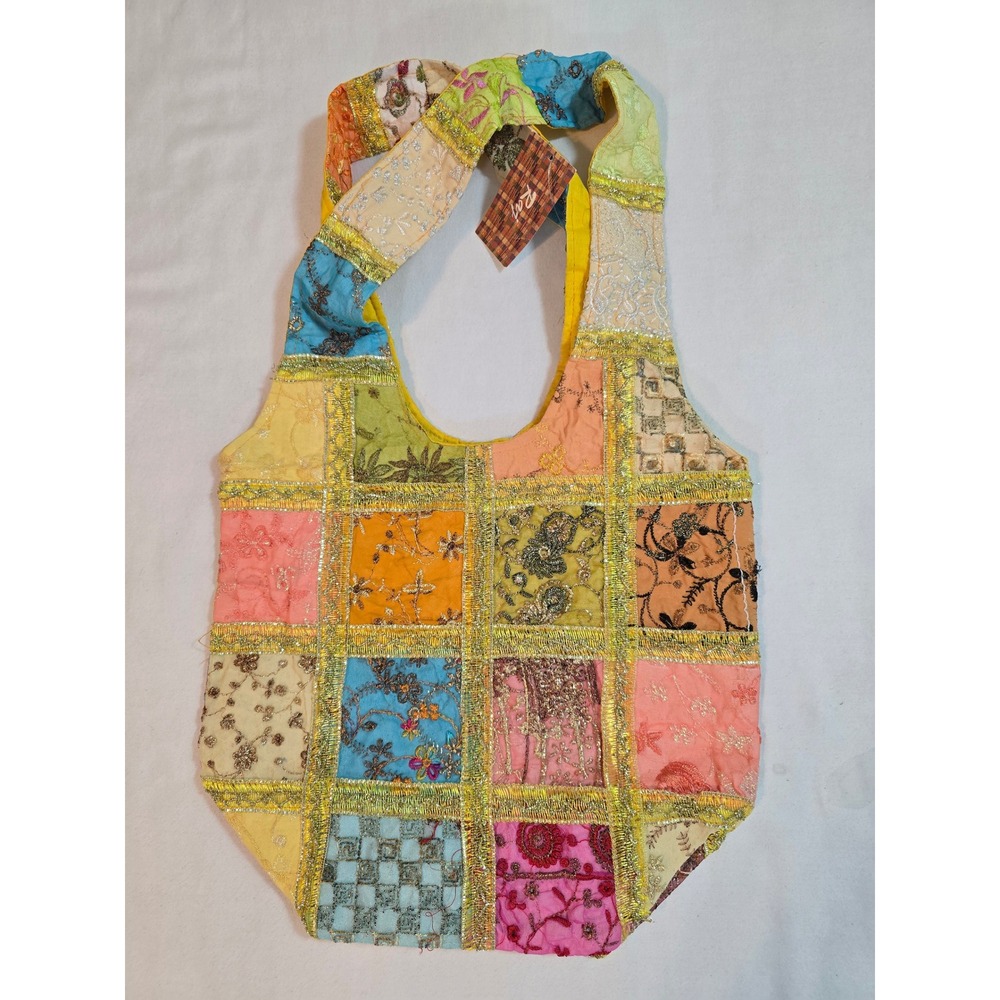 Bohemian Patchwork Hobo Bag Colorful Embroidered Sequins Gold Trim Shoulder Bag